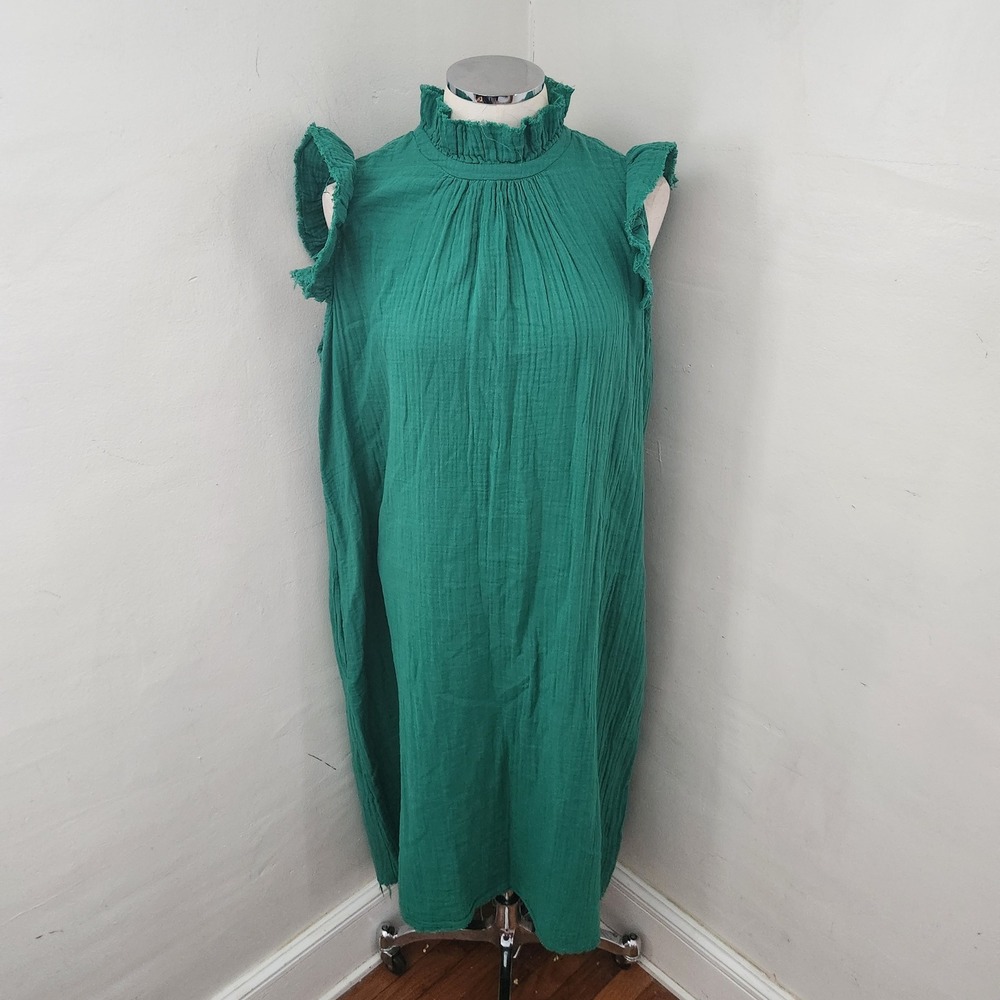 STARK X Emerald Green Gauze Mock Neck Ruffle Sleeveless Midi‎ Dress Women's L
